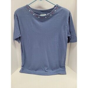 Vtg Separate‎ Issue Women's Blue Embroidered Short Sleeve Shirt Top Size L